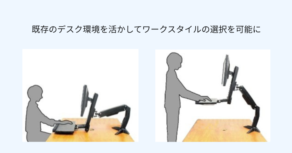 NWS-1を活用することで、既存のデスク環境を活かして立ち作業、座り作業を選択できる様子