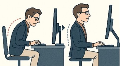 悪い姿勢でデスクワークをしている人が、ディスプレイアームを使用することで姿勢が整う様子